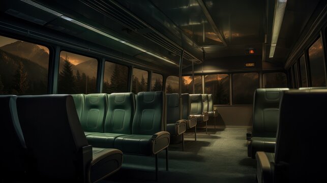 View of empty passenger seats in a bus at night.