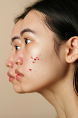 Image before and after spot red scar acne pimples treatment on face asian woman. Problem skincare and beauty concept.