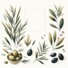 Vibrant Watercolor Illustrations: Plants, Fruits, Cosmetics, and Ingredients, Featuring Olives and Olive Oil, on a White Background