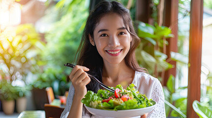 Happy Asian woman eating healthy salad sitting on the table . Beautiful girl eating healthy food.
