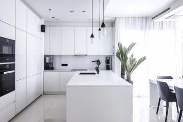 Fototapeta na wymiar Kitchen With White Cabinets and Black Appliances, Sleek and Modern Design