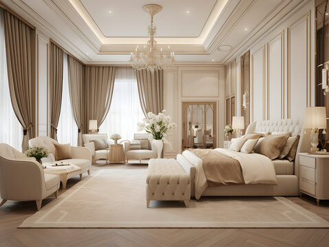 Luxury bedroom with beige furniture