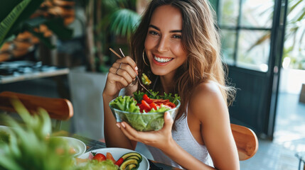 Happy woman eating healthy salad sitting on the table. Beautiful girl eating healthy food.