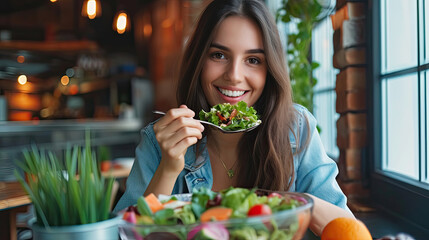 Happy woman eating healthy salad sitting on the table. Beautiful girl eating healthy food.