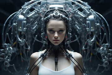 Close up portrait of woman's android head robot with part of skin and metal on a face on dark background. Concept of cyborg technology