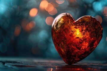 transparent amber-colored heart-shaped object that appears to be made of glass or crystal