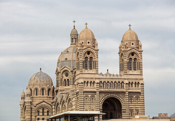 Front view during the day of the Notre-Dame de la Garde Cathedral in Marseille, France
