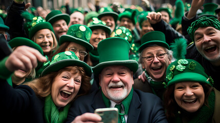 grupo de personas vestidas de verde, personas celebrando el dia de san patricio - obrazy, fototapety, plakaty