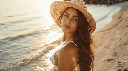 A lovely brunette woman in a swimsuit and straw hat walking by the seaside in summer morning