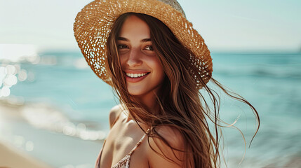 A lovely brunette woman in a swimsuit and straw hat walking by the seaside in summer morning - obrazy, fototapety, plakaty