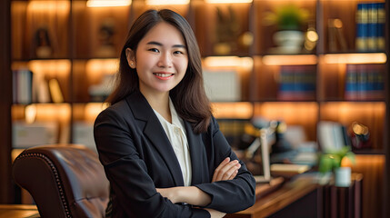 Portrait of a young Asian female Lawyer or attorney working in the office, smiling and looking at camera.