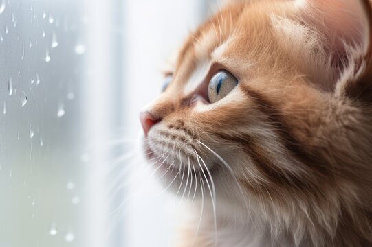 Cute kitten looking at the rain from a wet glass window.