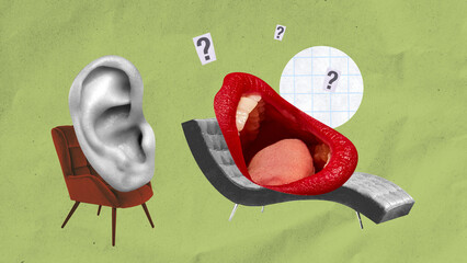 Healthcare poster emphasizing the importance of asking for help when dealing with mental health issues. Female mouth and human ear. Visiting psychologist, start of therapy sessions.