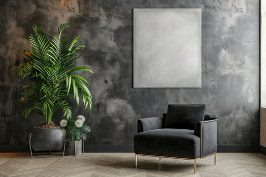 Black armchair between dandelion and plant in living room interior with copy space and grey painting.