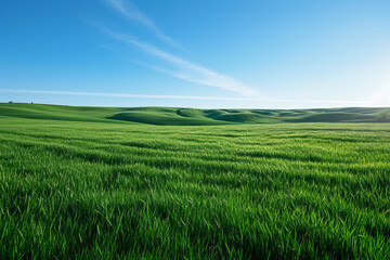 Lush green rolling hills under a clear blue sky