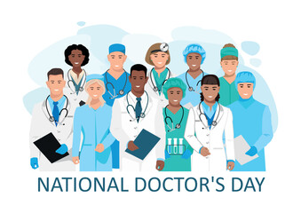 Happy Doctor's Day. Thanks to the doctors and nurses for their help and saved lives. Medicine and health. Vector illustration horizontal in flat style on an abstract background.