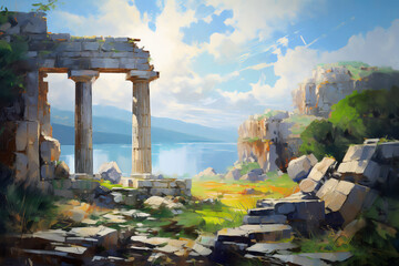 Landscape with the ruins of an ancient temple. Oil painting in impressionism style.