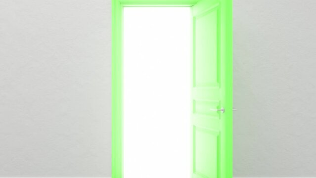 Green door in a bright room. The door opens filling with bright light. Door to the universe. Room with white textured floor. Entrance or exit, way out concept. Forward movement. 3D animation, 4K