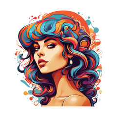 A psychedelic graphic design with a female character in a lively comic, a side face, and a three-color combination for T-shirt printing.