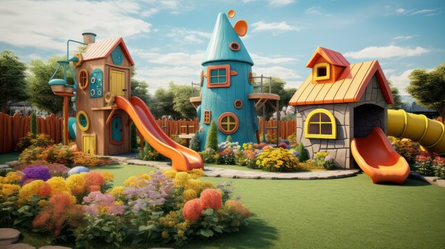 Naklejki Children's playground with slide and fantasy castle house outdoors in spring