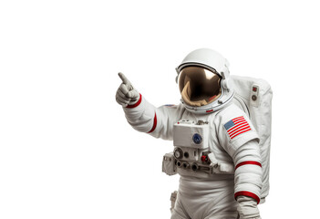 Astronaut in White Space Suit with american flag patch on it Pointing finger up on transparent background