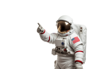 Astronaut in White Space Suit with american flag patch on it Pointing finger up on transparent background