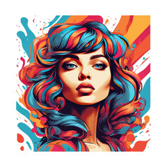 A psychedelic graphic design with a female character in a lively comic, a side face, and a three-color combination for T-shirt printing.