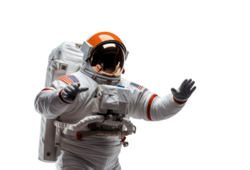 Astronaut in a white suit and american flag patch Gesturing stop sign with Hand on transparent background