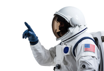 close up of Astronaut in White Space Suit with american flag patch Pointing finger up on transparent background