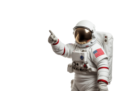 Astronaut in White Space Suit with american flag patch on it Pointing finger up on transparent background