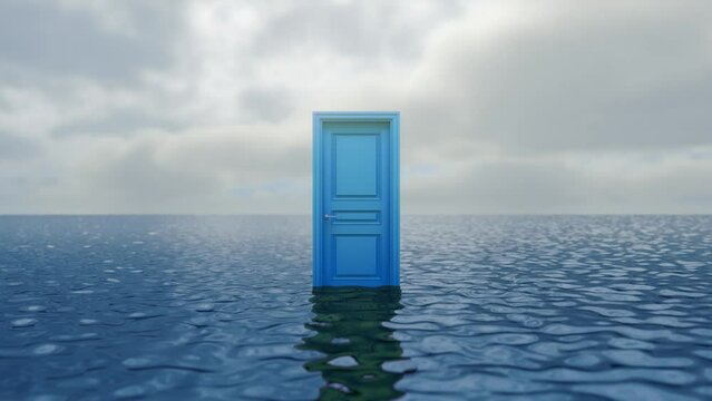 Blue closed door in the middle of the sea. Secret of the sea. A mysterious red door emerging from the depths. Symbol of new career, opportunities, business ventures and initiative. 3D Loop Animation