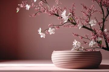 Minimal luxury podium in pink wall background with spring flowers. Concept display scene stage platform showcase, product, sale, banner, presentation, cosmetic. 3D render, social media. generative ai.