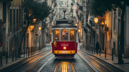 Red and Yellow Trolley Car Traveling Down a Street - obrazy, fototapety, plakaty