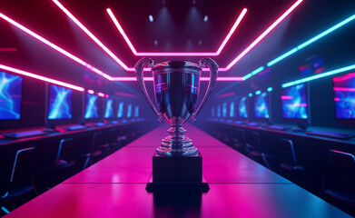 Esports winner trophy standing on the stage in the middle of the arena of the computer video game championship.