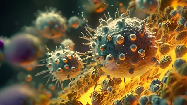 human immune cells, Cancer cells on scientific background, Nanotechnology, Bacteria and virus cells World under the microscope