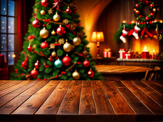christmas tree with christmas decorations background Empty Wooden Table Christmas Theme Dramatic Lighting Background with Copy Space and Product Display Mockup Festive Christmas Tree Bokeh Background