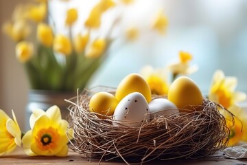 Fototapeta na wymiar A Symphony of Spring Easter Holiday Celebration Banner Greeting Card with Easter Eggs in a Bird Nest Basket and Yellow Flowers Adorning a Table. created with Generative AI