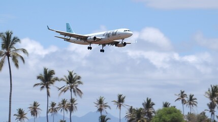 Obraz premium An Airbus plane takes off among the clouds against the background of a blue sky of palm trees and the ocean coast.