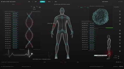 Medical Research Environment Software Template with DNA Analysis and Male Body Scan Results for Computer Displays and Laptop Screens. Futuristic Healthcare and Biotechnology Concept