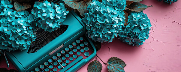 Old vintage blue typewriter with colorful spring flowers on pink background. Love concept. Greeting...