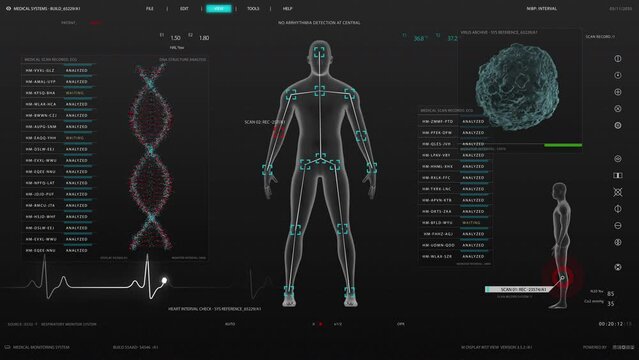 Medical Research Environment Software Template with DNA Analysis and Male Body Scan Results for Computer Displays and Laptop Screens. Futuristic Healthcare and Biotechnology Concept