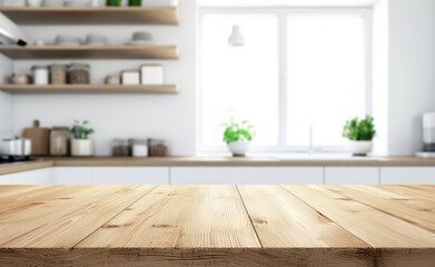 Wooden Light Table Top in a Sleek White Kitchen – Showcase for Product Advertising