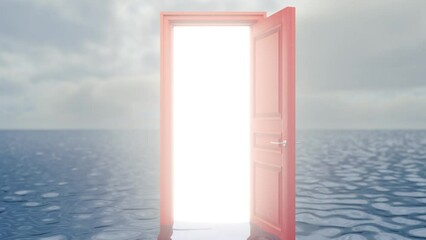 Red door in the middle of the sea. The door opens filling with bright warm light. Symbol of new career, opportunities, business ventures and initiative. Forward movement. 3D Animation, 4K