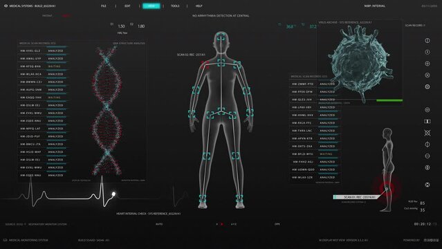 Medical Research Environment Software Template with DNA Analysis and Female Body Scan Results for Computer Displays and Laptop Screens. Futuristic Healthcare and Biotechnology Concept