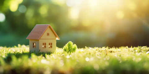 Cardboard house on nature background, recycling sign