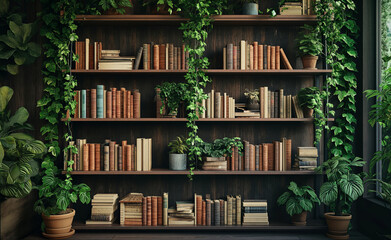 Bookshelf adorned with plants that serves as a modern decorative element.