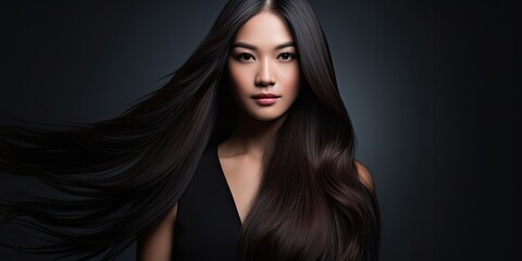Woman with long black hair wearing black shirt.