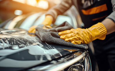 Man cleaning car with microfiber cloth, car detailing background.