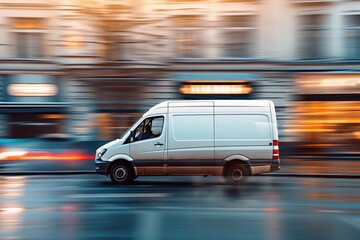 A delivery Van driving High-Speed with a blurred background.