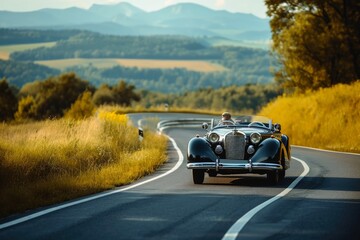 A vintage classic car driving along a winding road.